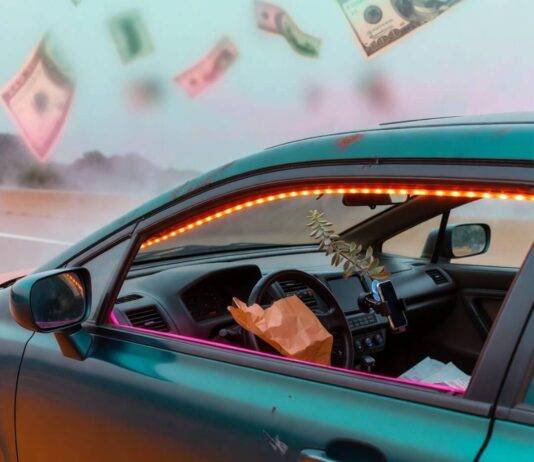 Cheap Car Accessories That Make a Big Difference Beat-up teal Honda Civic with neon LEDs, fast-food bag phone mount, swaying succulent, floating ghosted dollars.