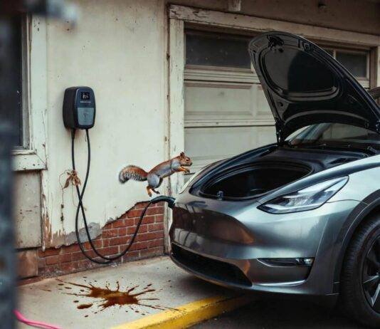 Charging Your EV at Home: A Complete Beginner’s Guide Beat-up Tesla, half-plugged charger, leaping squirrel, coffee spill, pink cord chaos.