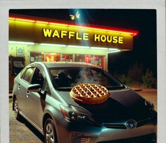 Top 10 Hybrid Cars That Deliver the Best Fuel Efficiency Dusty Prius at neon Waffle House, steaming waffle on dash, firefly glows inside.