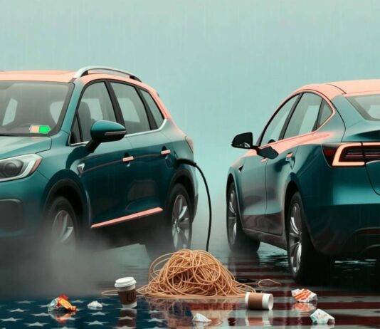 Hybrid vs. Electric: Which Car Is Better for You? Hybrid SUV half-charged, tangled EV cable, coffee cups float over distorted flag puddle.