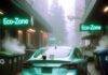 Best Hybrid Cars for City Driving in 2025 Teal hybrid sedan in foggy Seattle alley with glowing Eco-Zone signs and electric wisps.