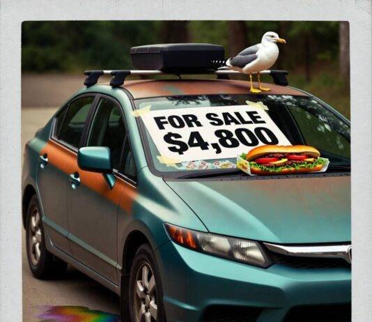 How to Spot a Great Used Car Deal Before It’s Gone Dusty Honda Civic for sale with hoagie, oil slick, and confused seagull. Polaroid style.