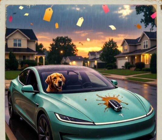 Top10 New Cars for 2025: Affordable Luxury Without Breaking the Bank Teal electric car with coffee spill, dog chewing key fob, price tag confetti.