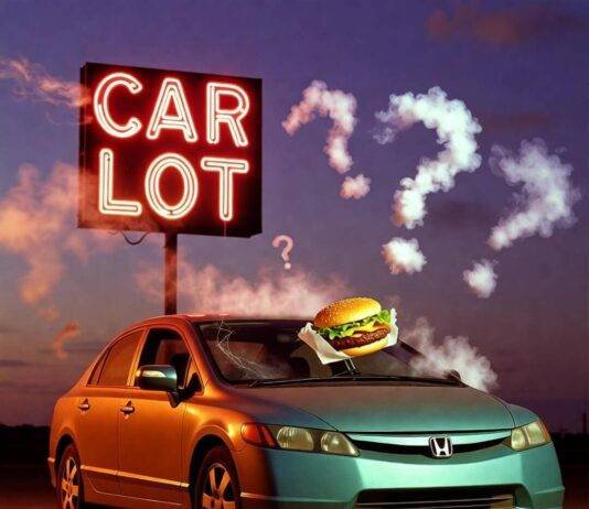 Buying a Used Car? Check These 10 Reliability Ratings First Dusty 2009 Honda Civic under flickering CAR LOT neon, burger on hood, smoky question marks at dusk.