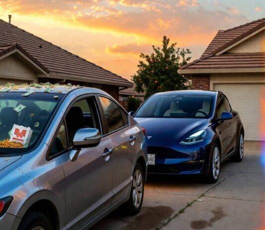 Dusty old Honda Civic parked crookedly beside shiny new Tesla Model Y in sunset driveway, fries spilling, burning dollar confetti floating.