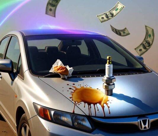 The Ultimate Guide to Keeping Your Car Running Like New Beat-up Honda Civic with giant coffee stain, glowing spark plug, burger wrapper, and floating dollar bills in neon haze.