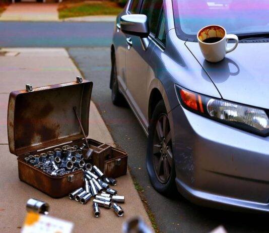 Car Maintenance Checklist: Monthly, Quarterly, Yearly Rusty toolbox spills sockets by flat-tired Honda Civic with precarious coffee mug.