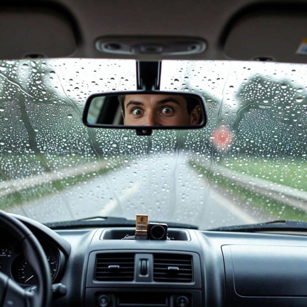 Dashboard view: wide-eyed grin in rearview, rain-streaked windshield on test drive.