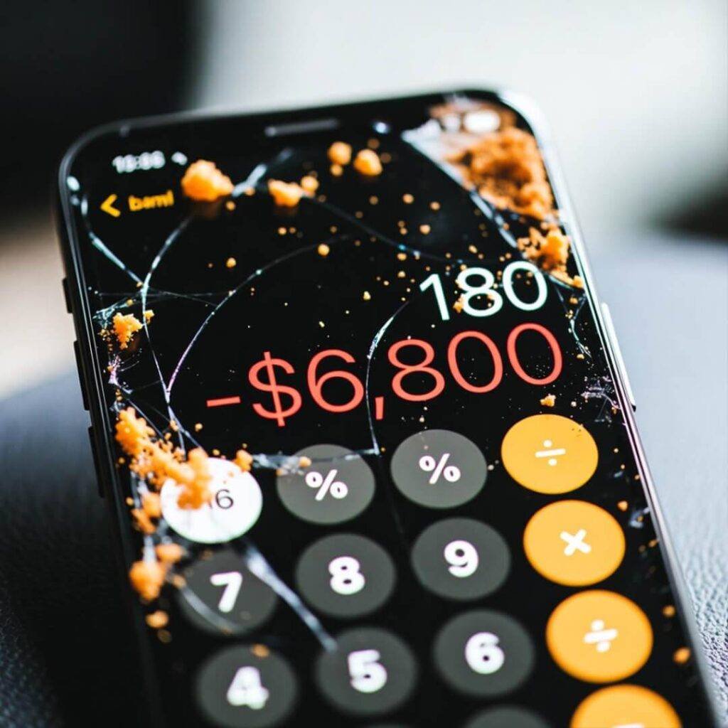 Cracked phone shows -$6,800 on calculator, dusted with Cheetos.