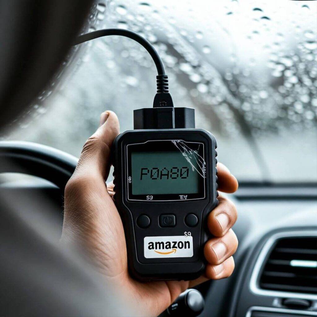 Trembling hand holds cracked $9 OBD2 scanner showing P0A80 code in rainy Prius.