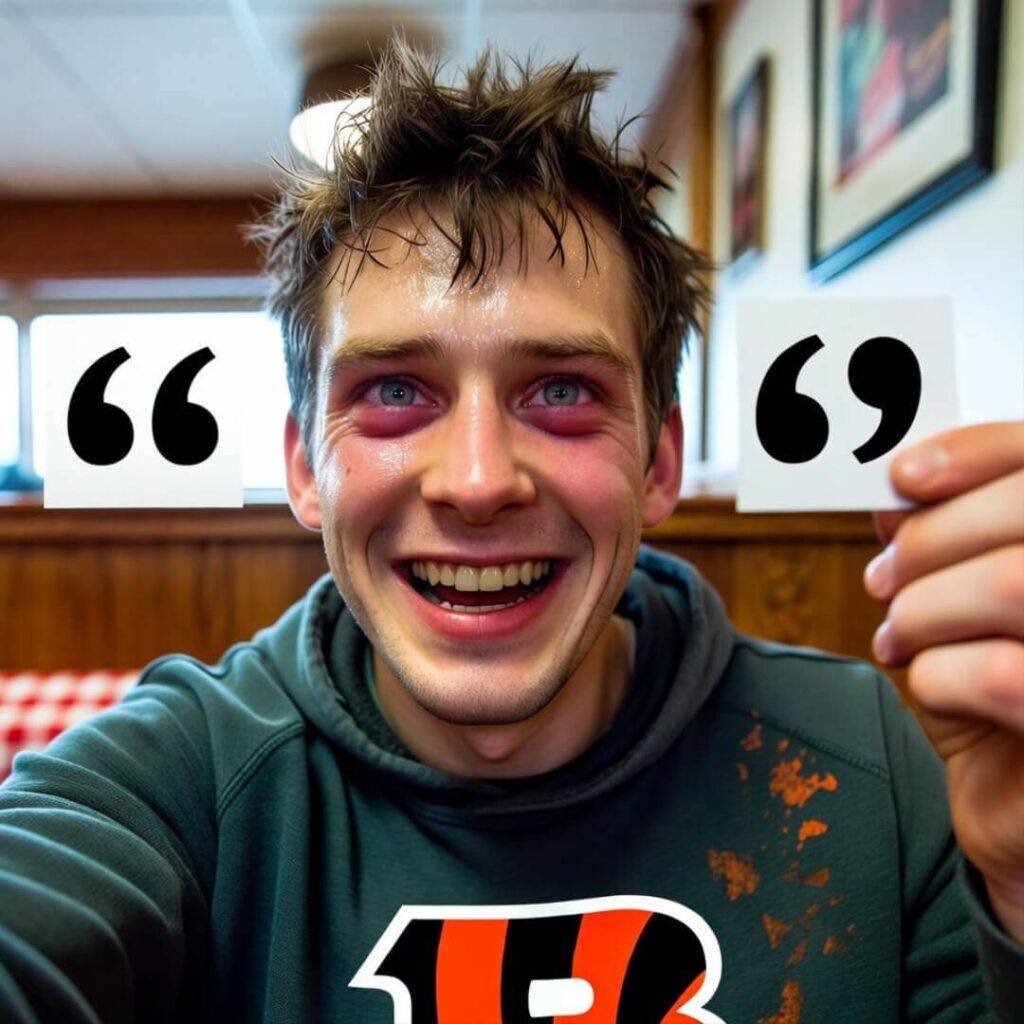 Sweaty Bengals fan grins maniacally, holding insurance quotes in Cracker Barrel booth.