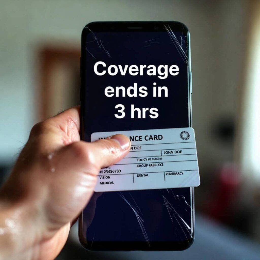 Hand holds greasy insurance card beside cracked phone: "Coverage ends in 3 hrs."