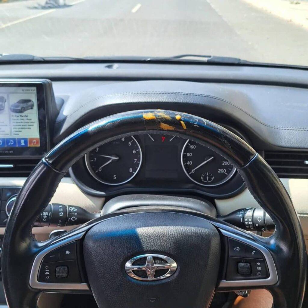 POV: Greasy fry-smudged steering wheel, GPS glowing with rental listing.