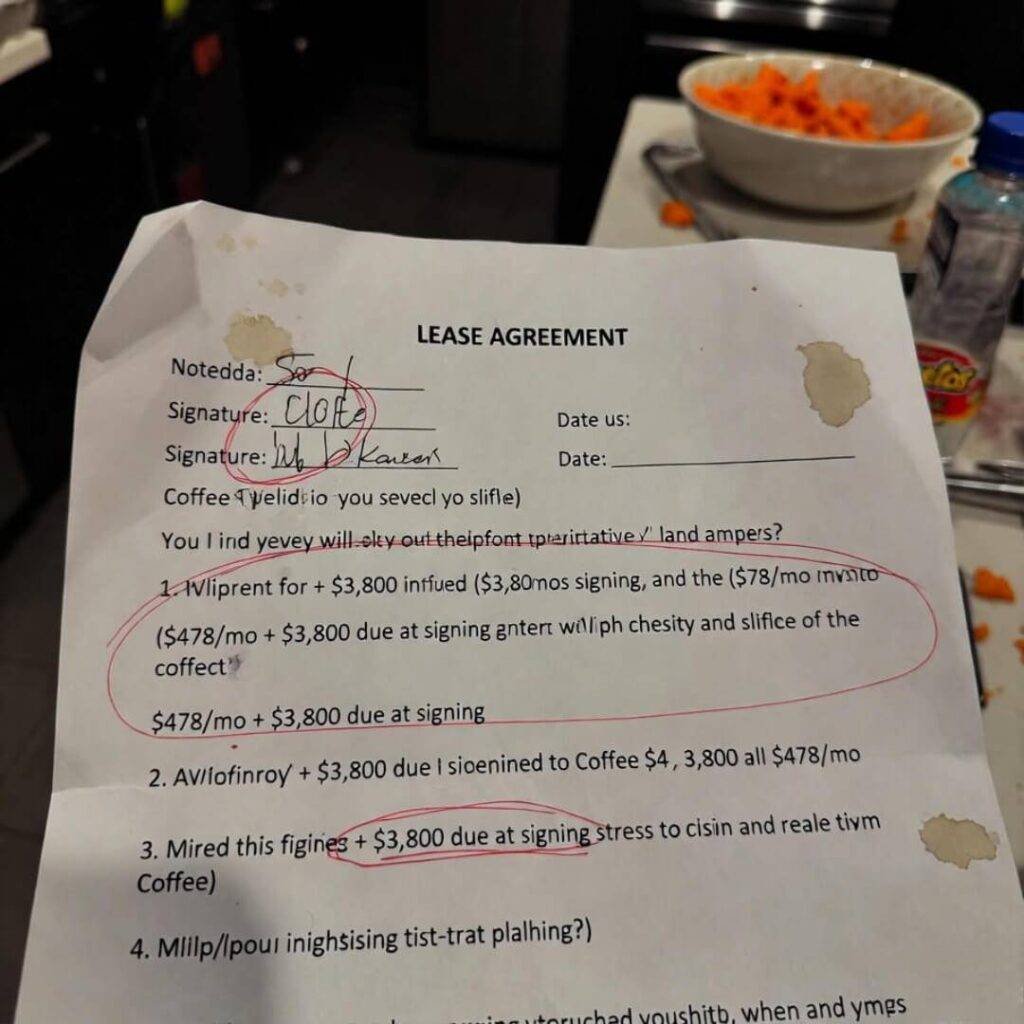 Coffee-stained lease circled in red: $478/mo + $3,800 due, beside Flamin’ Hot Cheetos.
