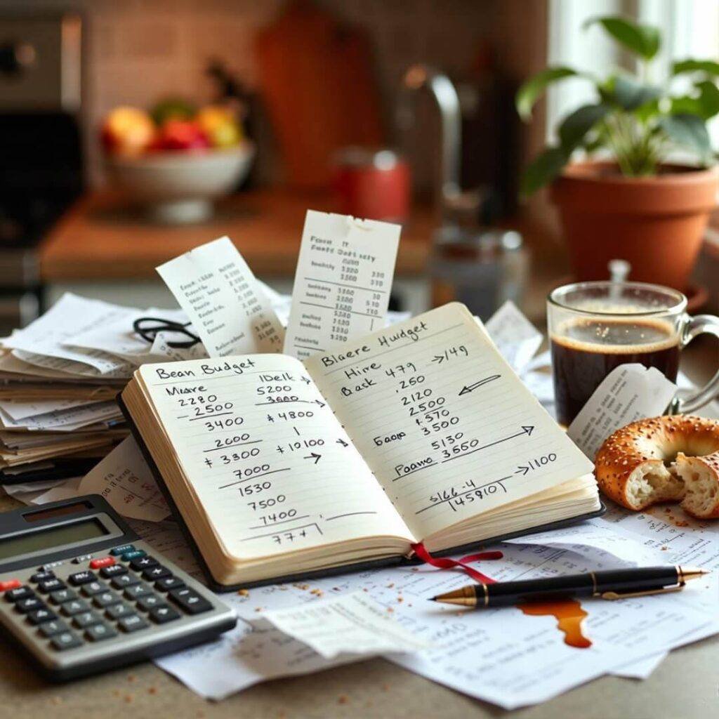 Open notebook with budget calculations, receipts, calculator, coffee, and bagel on table.
