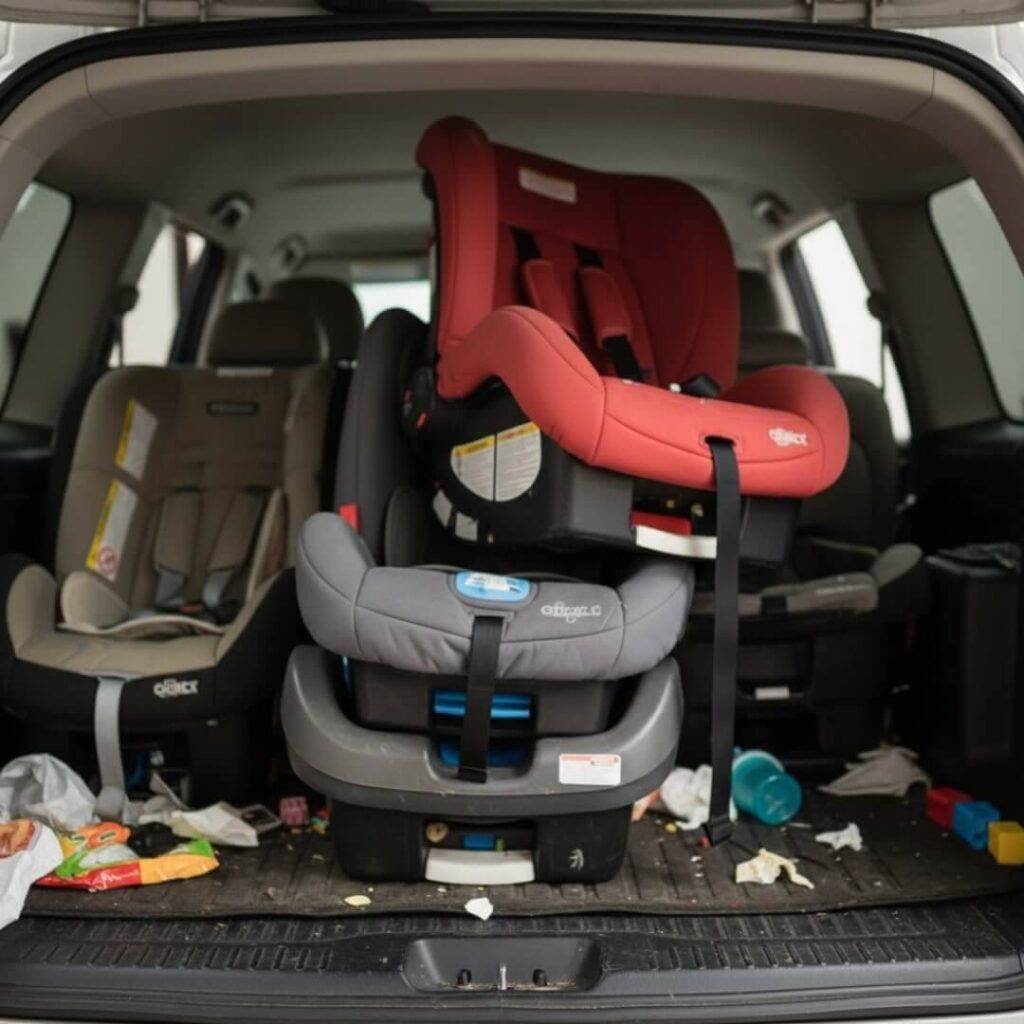 Defeated car seats in a blurry cargo area.