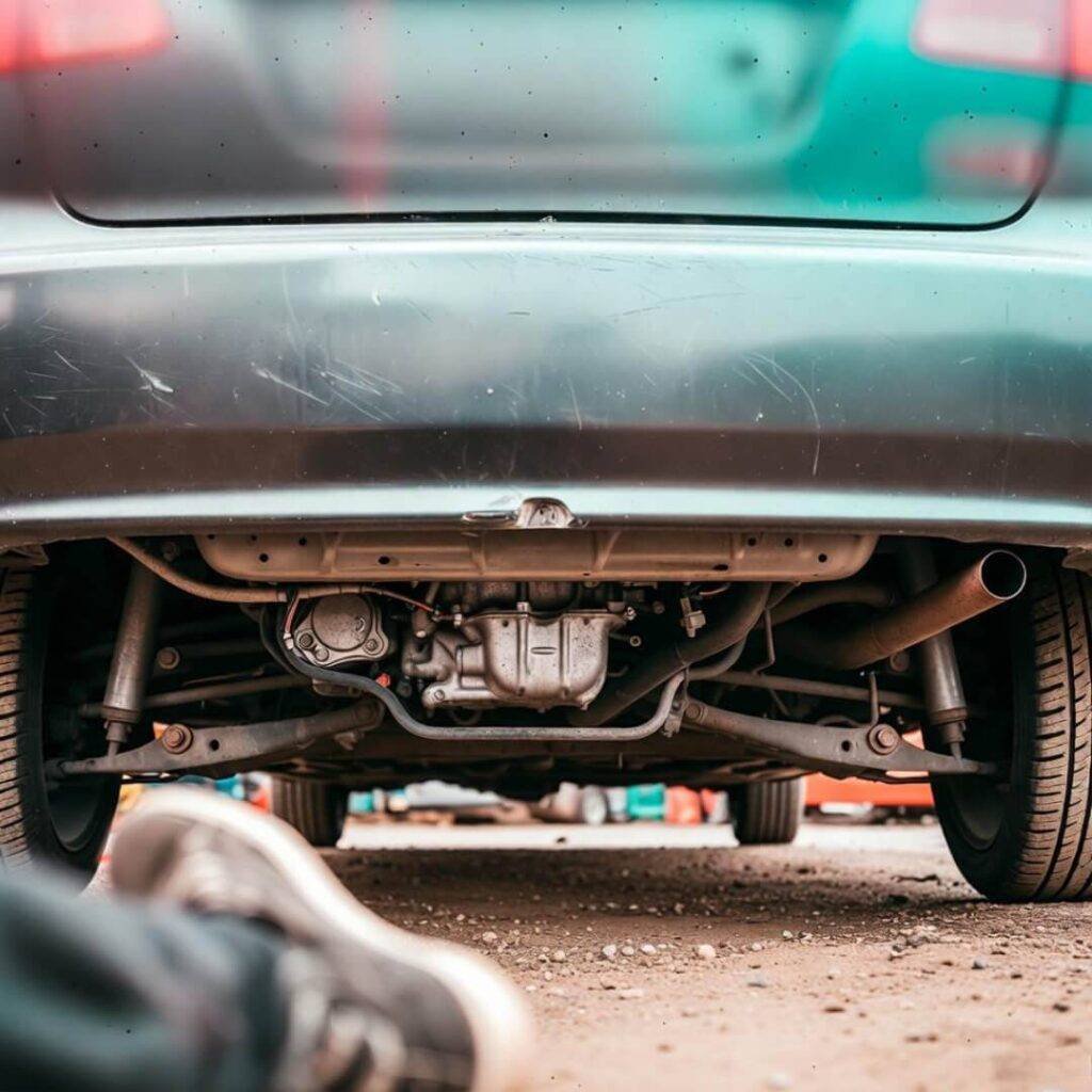 Low-angle view under beat-up Honda Civic: spotless undercarriage, dirty sneakers peeking in.