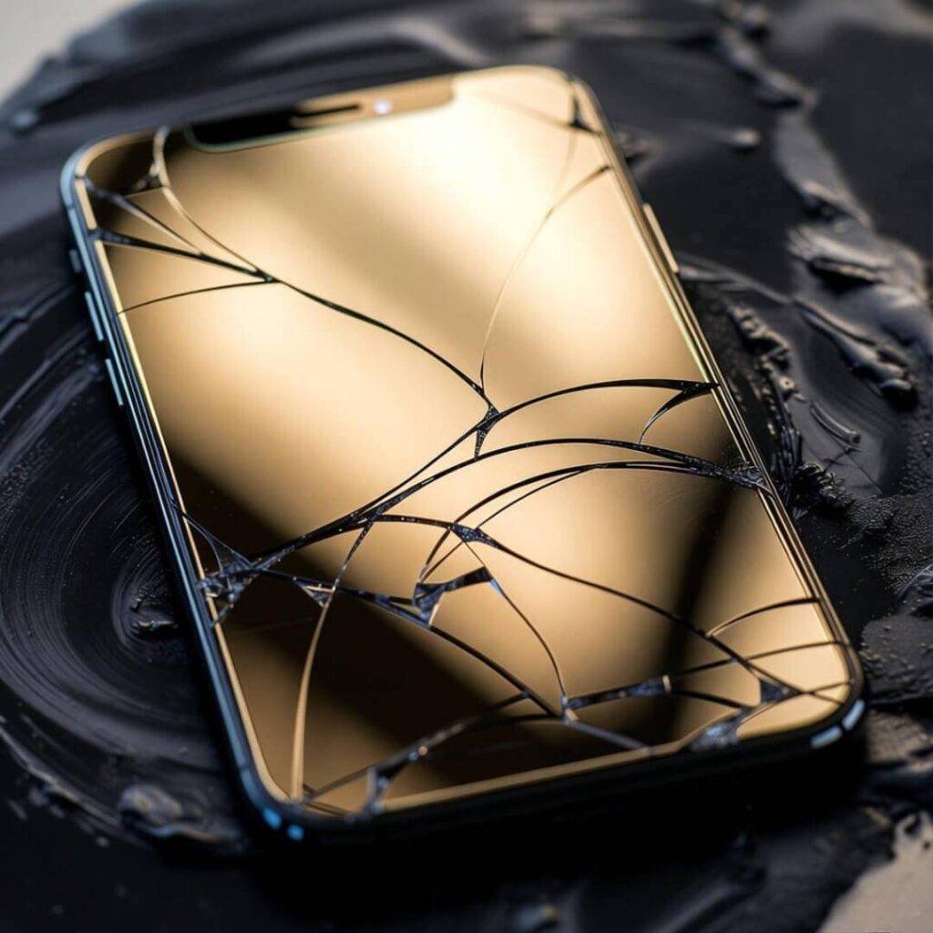 Cracked iPhone screen reflecting golden swirls on black paint, low angle.