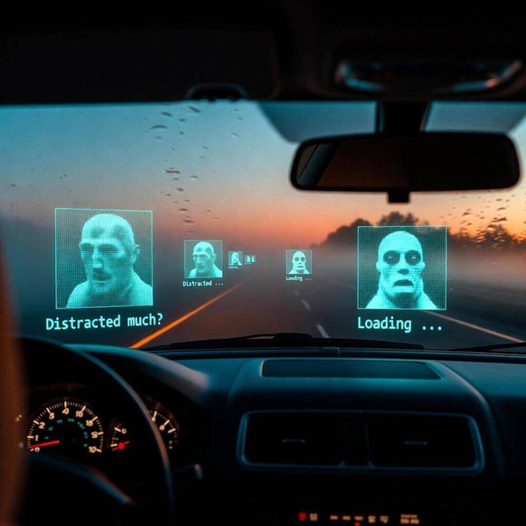 Dusk on I-95: foggy windshield with glowing holographic memes floating like budget Tron.