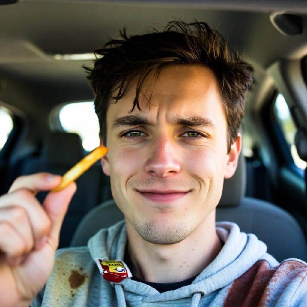 Embarrassed guy selfie-holds ancient fry from seat gap, Taco Bell sauce on hoodie.