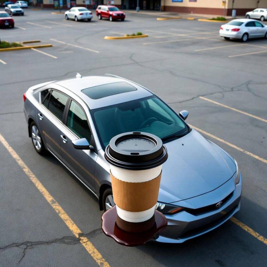 Drone view: silver car idling, spilled coffee cup on hood in lot.
