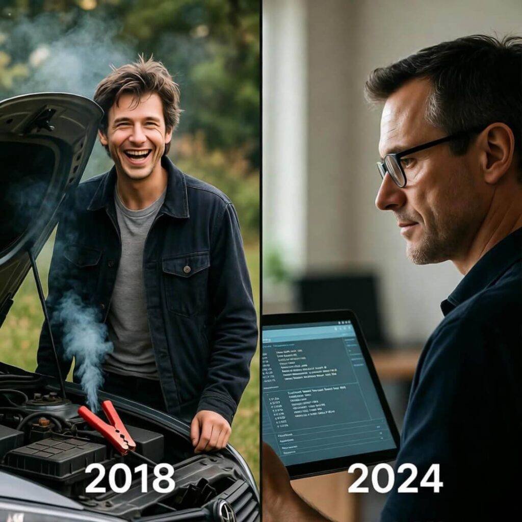 2018: grinning with smoking jumper cables; 2024: squinting at lithium BMS errors on tablet.