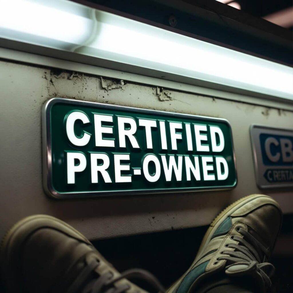 Low-angle CPO badge glowing under fluorescents, scuffed sneakers in frame.