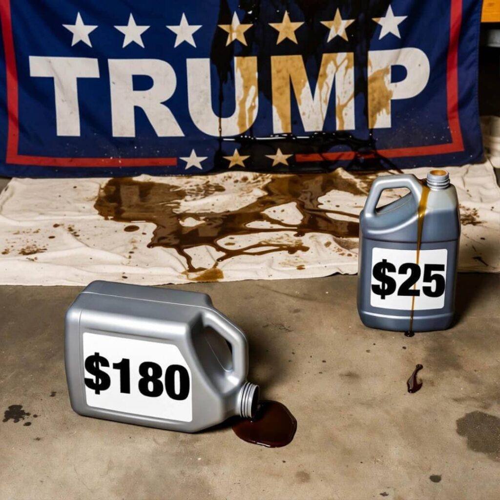 Leaking $180 hybrid and $25 oil jugs on faded Trump flag.