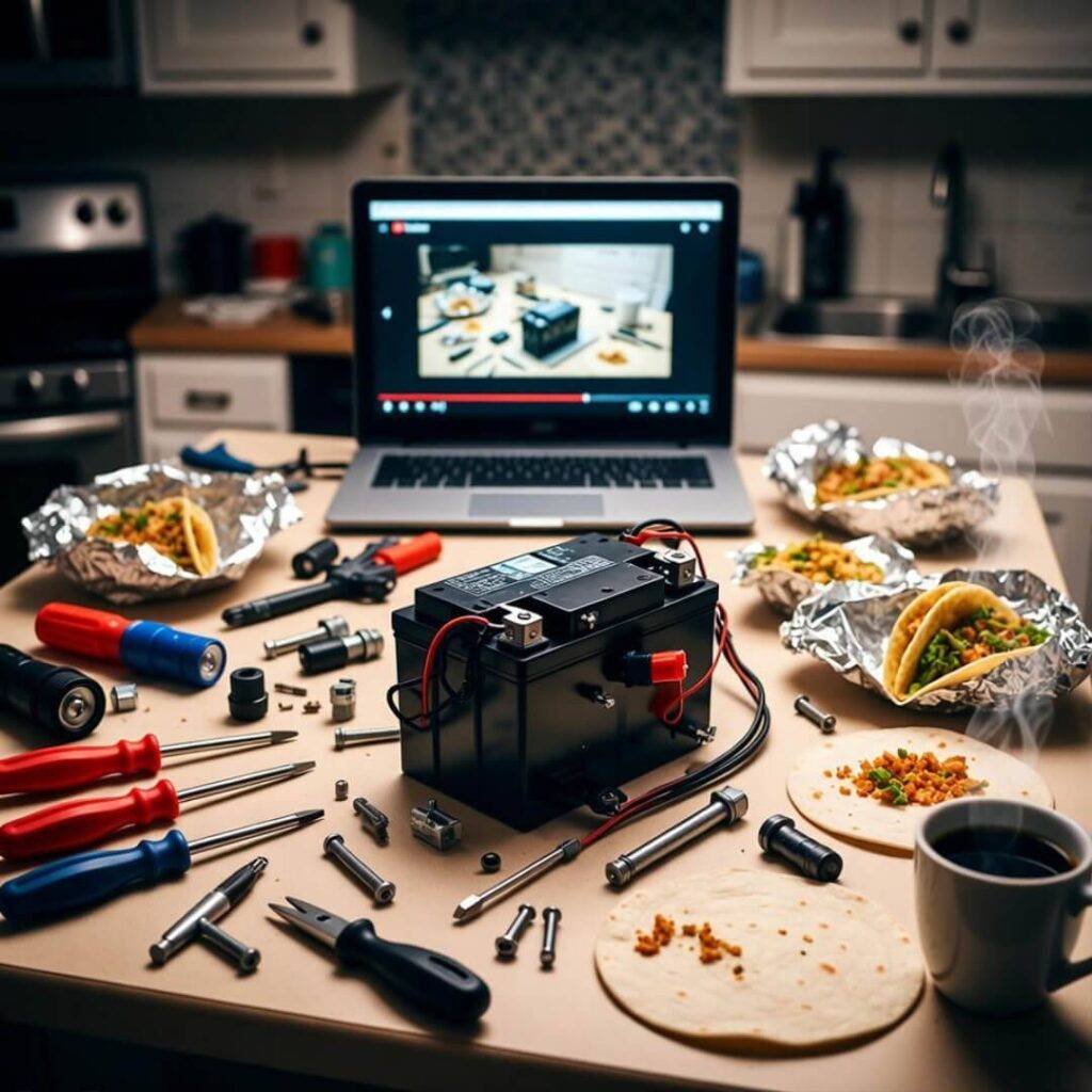 Overhead view: disassembled 12V battery amid half-eaten tacos, paused YouTube tutorial, steaming coffee.