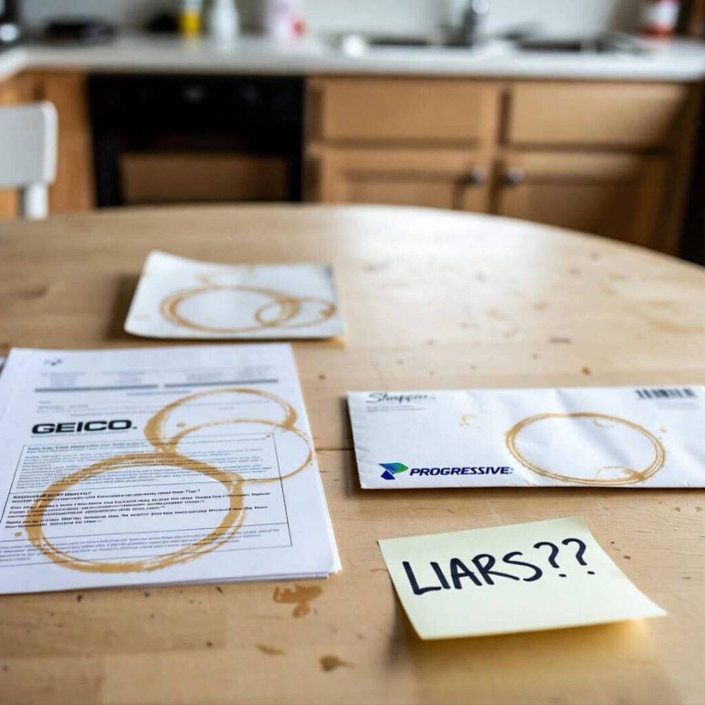 Coffee-stained Geico quote, Progressive coaster, sticky note "LIARS???" on table.