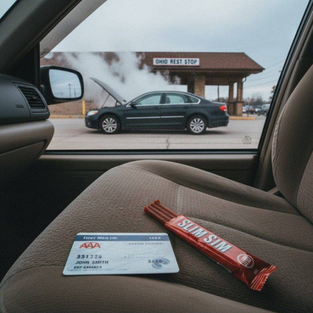 AAA card and Slim Jim next to steaming car.