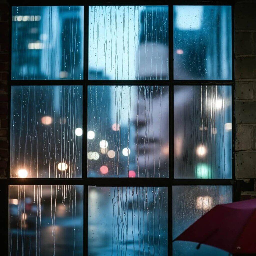Rain-streaked loft window reflects Chicago lights, blurry face, red umbrella corner.