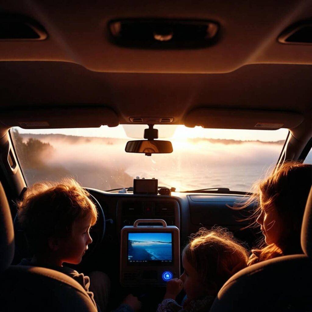 Golden hour drive: foggy Pacific view, dog-nose smear, kids lit by rear DVD.