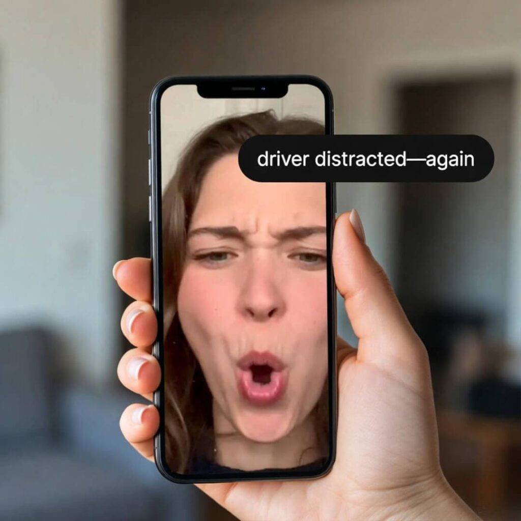 Phone selfie of off-key Chappell Roan sing-along, "driver distracted—again" alert.