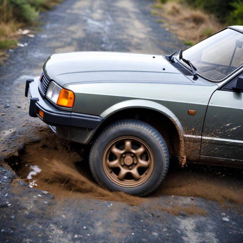Tilted motion-blur side view: car bouncing through pothole, mud-splattered wheel wells.