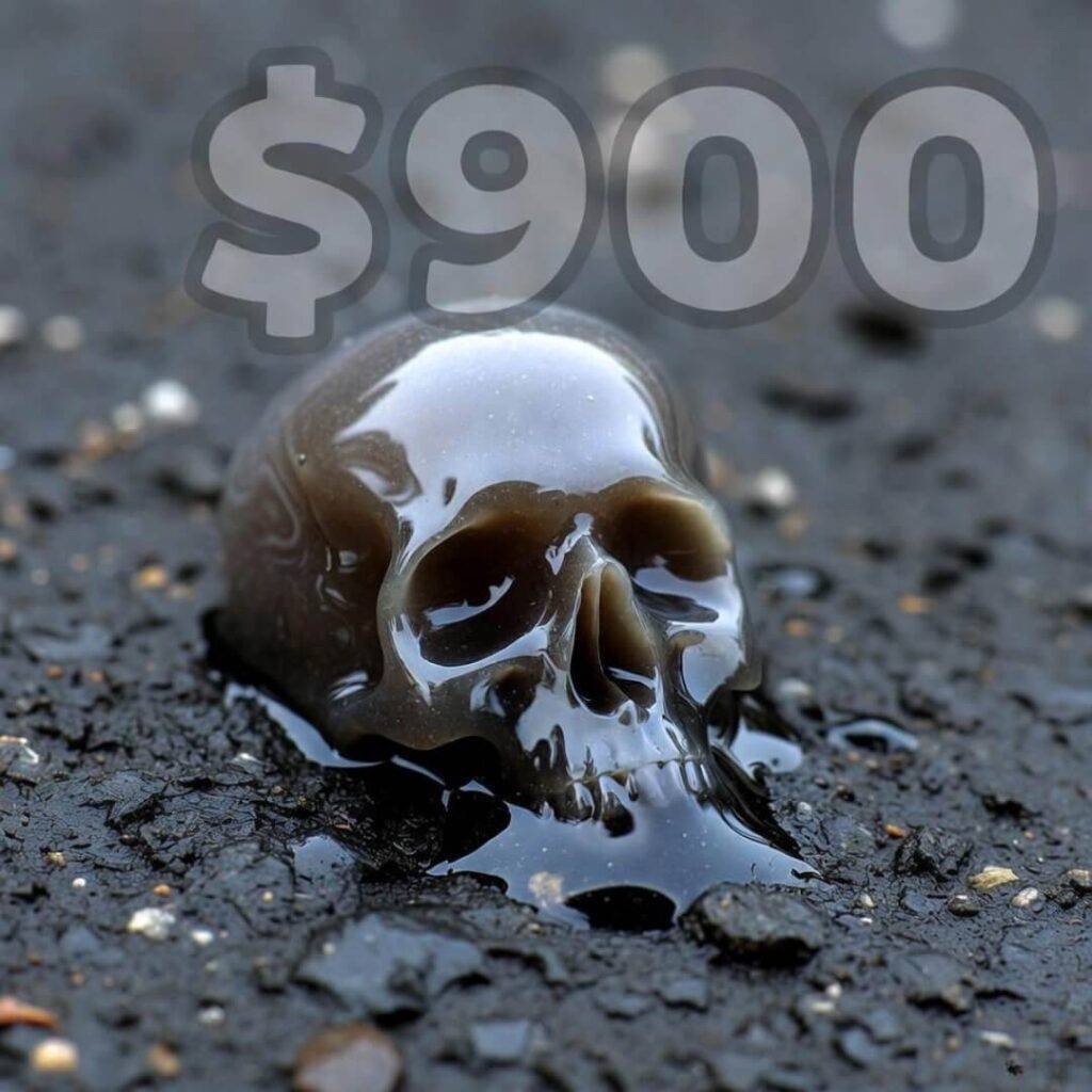 Acid drip forms tiny skull on asphalt, faint "$900" ghost overlay.