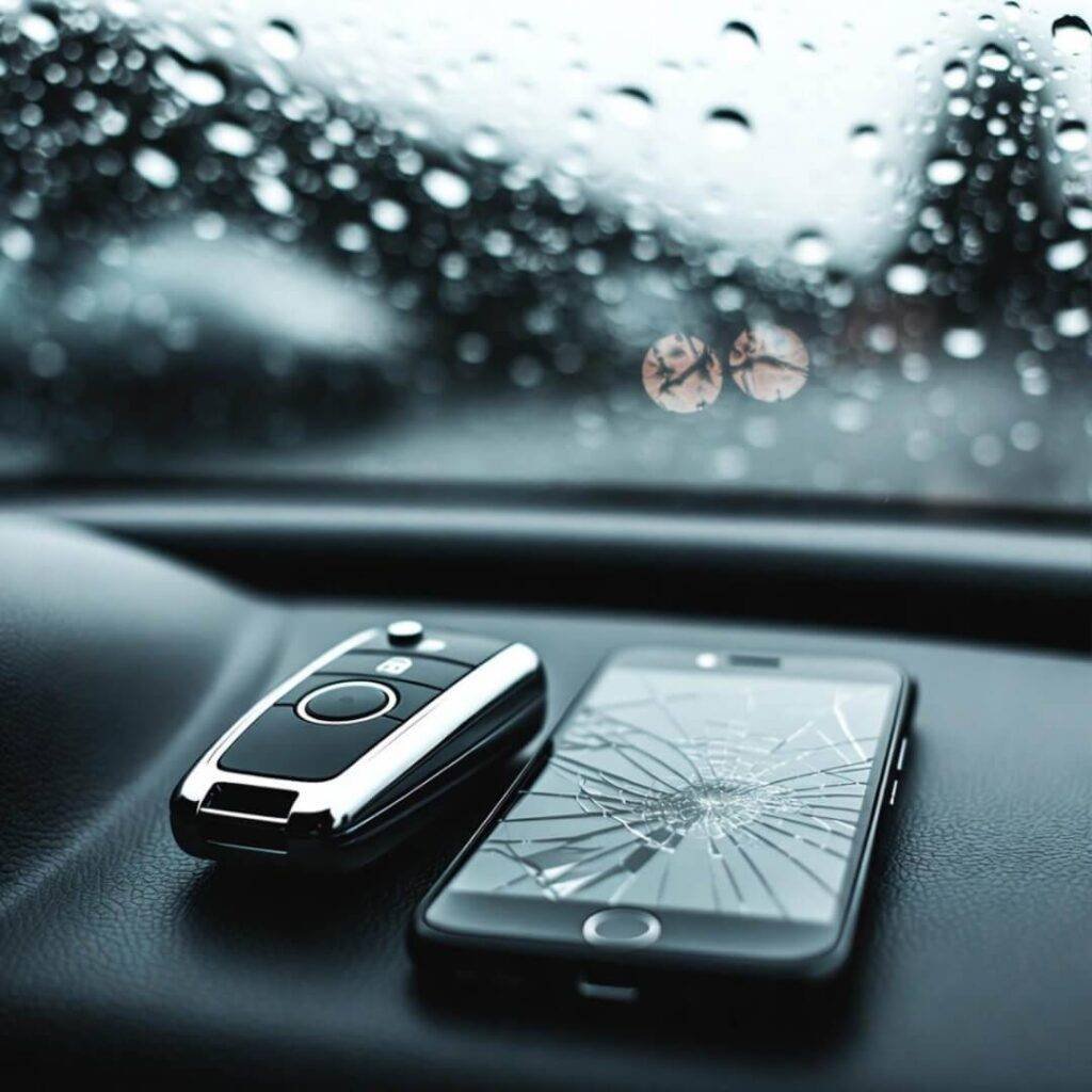 Pristine key fob beside cracked phone on dashboard, raindrops on windshield.