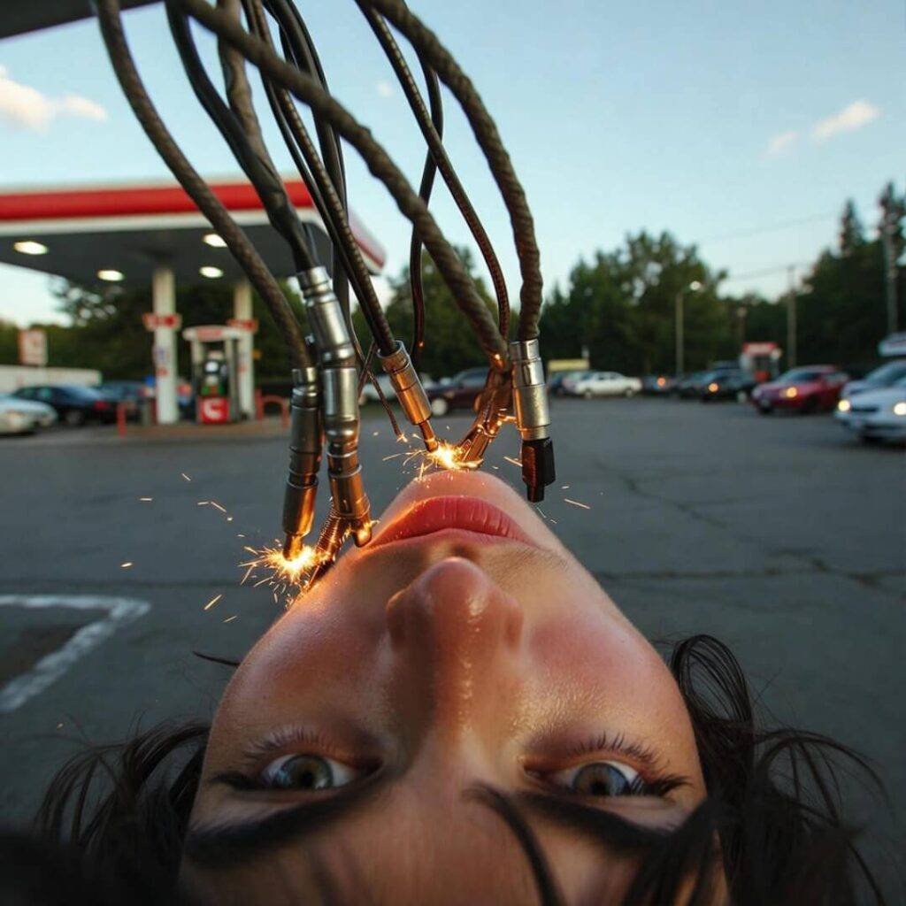 Sparking jumper cables inches from face in gas station lot.