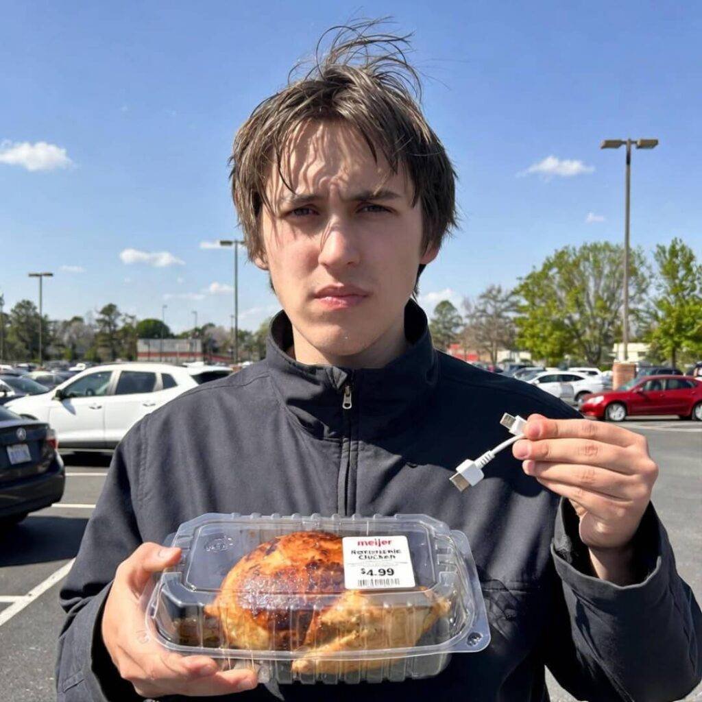 Person in Meijer lot holds $4.99 chicken and snapped $75 cord.