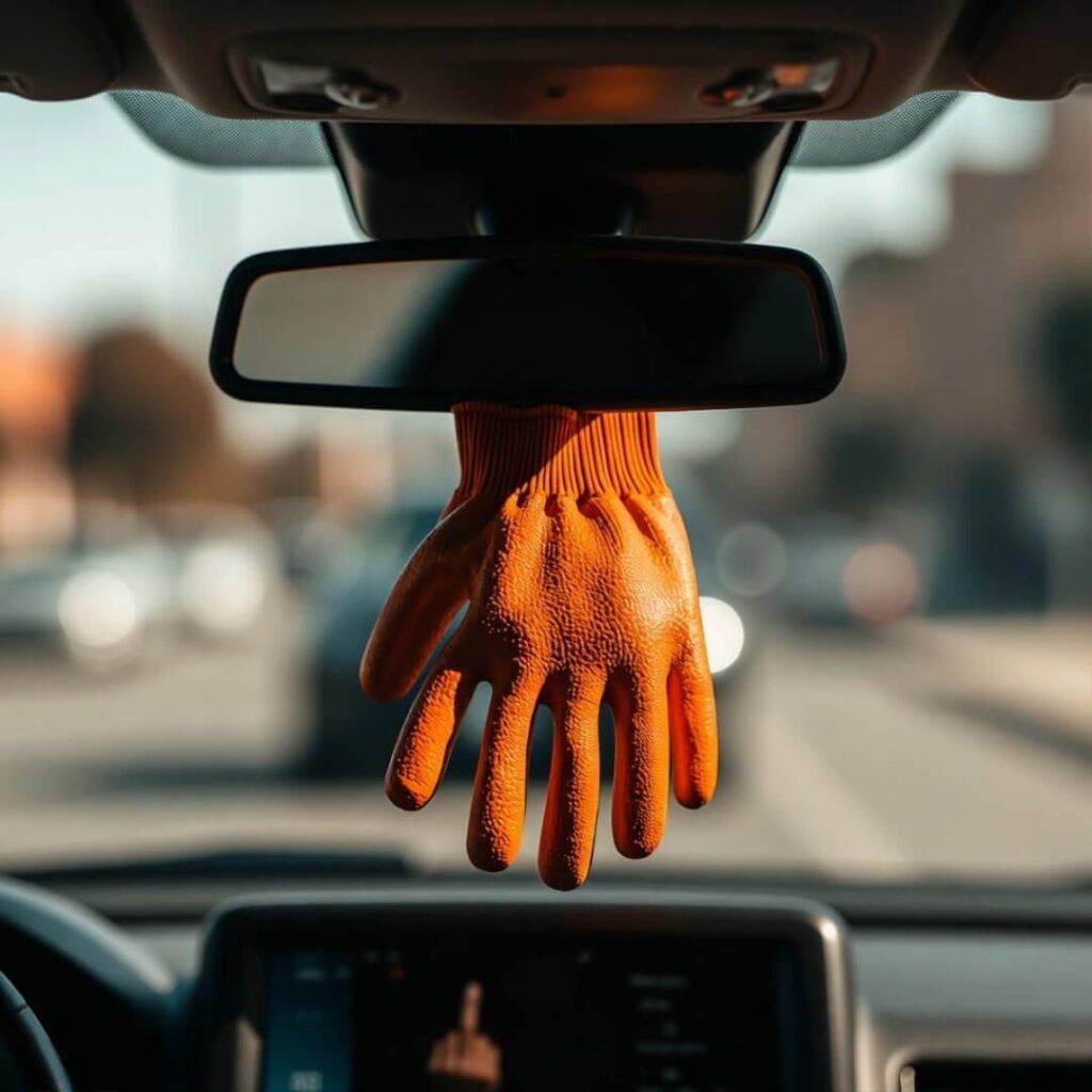 Orange high-voltage gloves hang from rearview mirror, Tesla flipping off in reflection.
