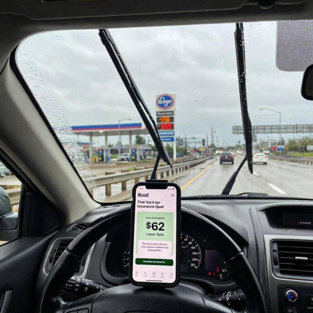 Root quote $62 lower on phone in rainy I-75 traffic, Kroger gas $3.69.