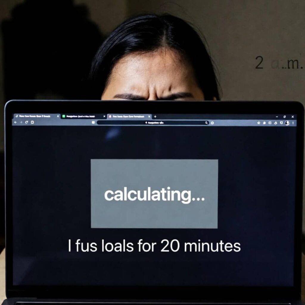 2 a.m. laptop freeze: "calculating..." 20 minutes, forehead reflected.
