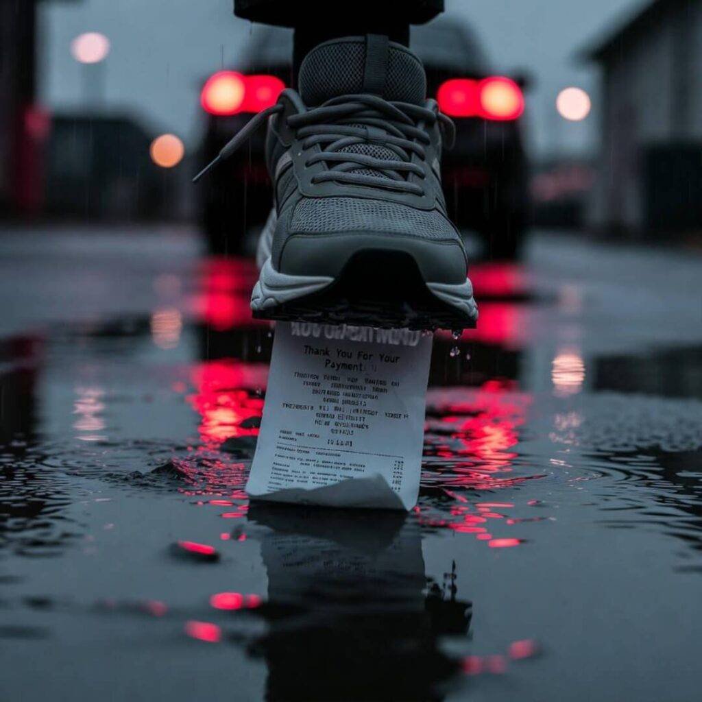 Gray sneaker crushes "Thank You For Your Payment" receipt in rainy puddle, red lights reflecting.