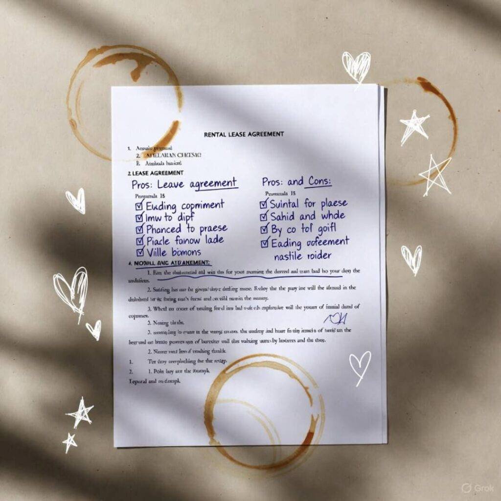 Lease with coffee rings and doodled pros/cons in messy handwriting.
