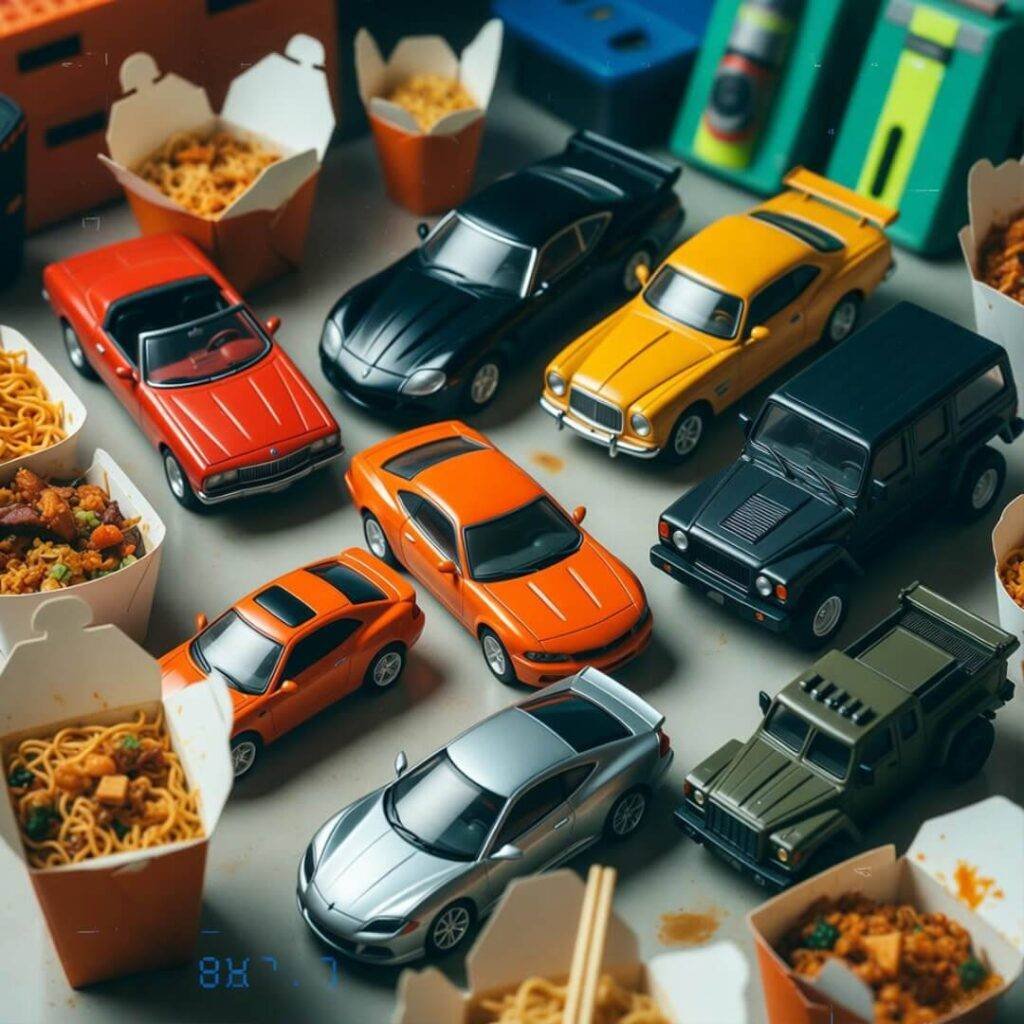 Overhead view: seven toy cars encircled by messy takeout containers on table.