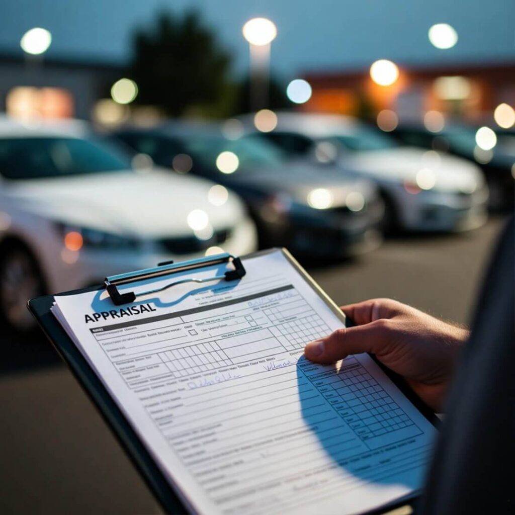 Thumb-smudged appraisal clipboard under flaring dealership lights.