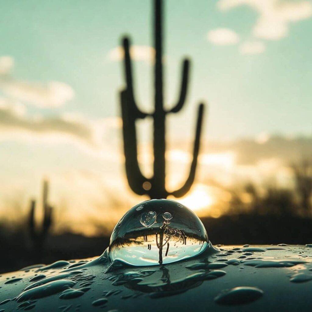 Dewdrop refracts saguaro cactus silhouette against golden sunset sky.