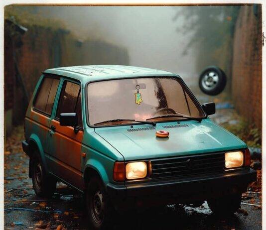 Hidden Gems: Underrated New Cars You Shouldn’t Overlook Vintage Polaroid of quirky teal SUV in rainy alley, glowing headlights, rolling hubcap.