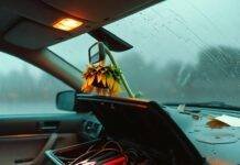 When to Replace Your Car Battery: 6 Warning Signs Wilted sunflower over spilled coffee, jumper cables in open glovebox at rainy dusk.