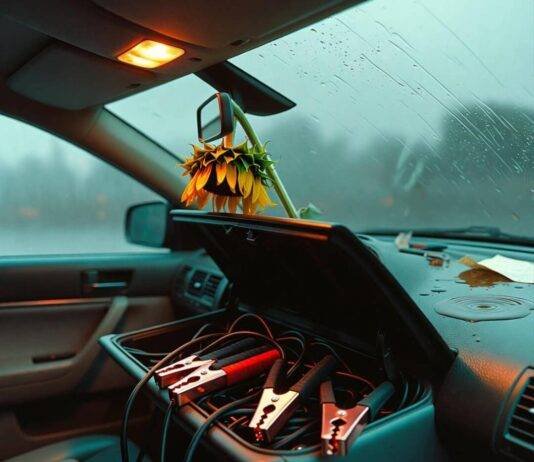 When to Replace Your Car Battery: 6 Warning Signs Wilted sunflower over spilled coffee, jumper cables in open glovebox at rainy dusk.